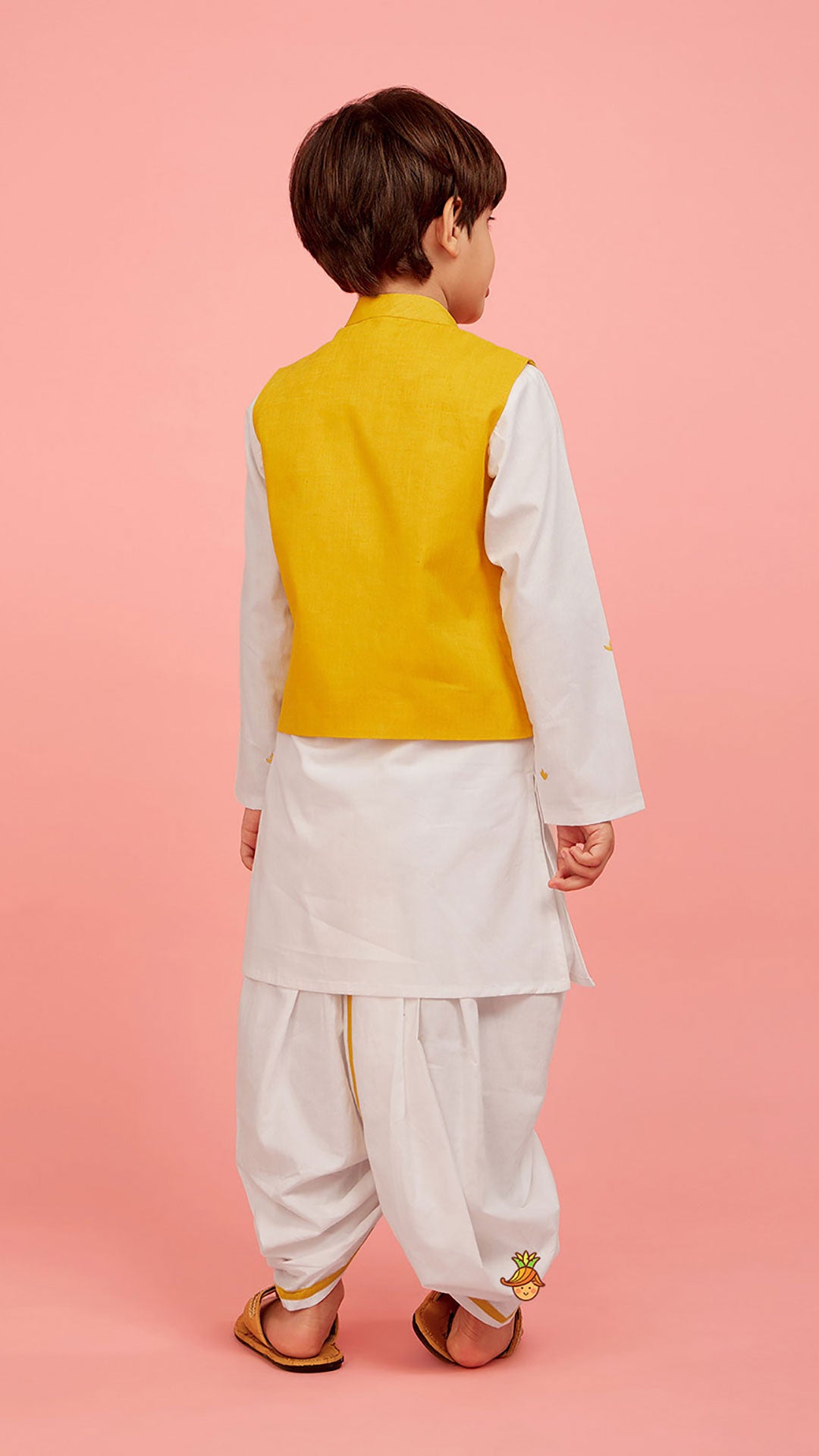 Cute Ganesh Thread Embroidered Yellow Jacket With Kurta And Dhoti