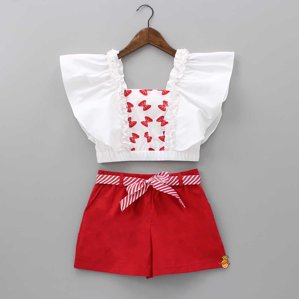 Bow Printed Crop Top With Shorts And Detachable Belt