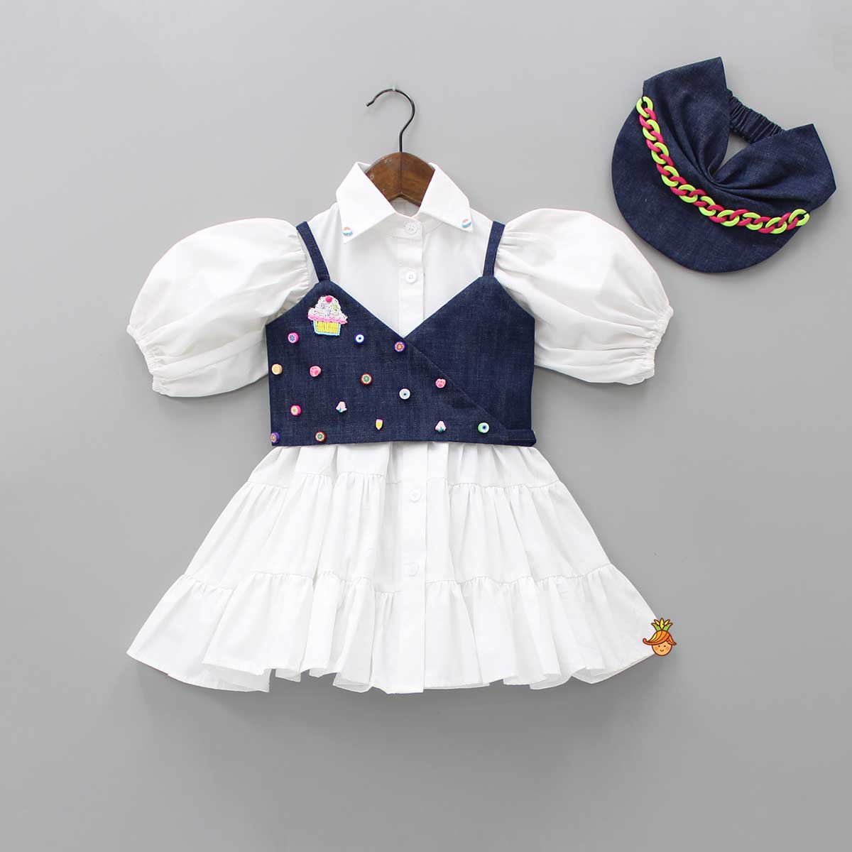 White Shirt Style Tiered Dress With Denim Top And Cap