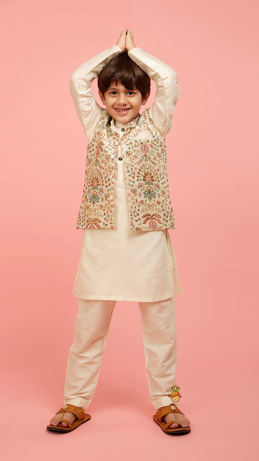 Floral Printed Golden Thread Work Jacket With Off White Kurta And Pyjama