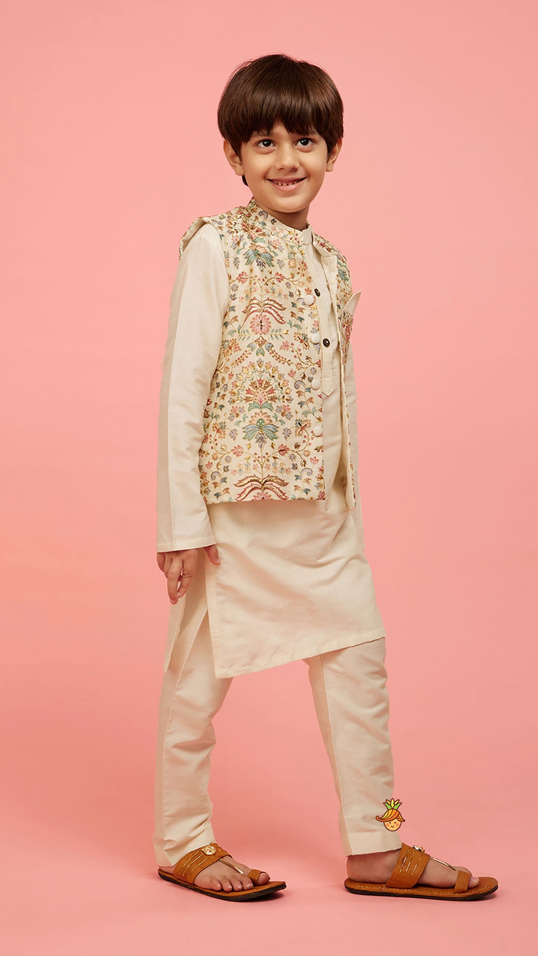 Floral Printed Golden Thread Work Jacket With Off White Kurta And Pyjama