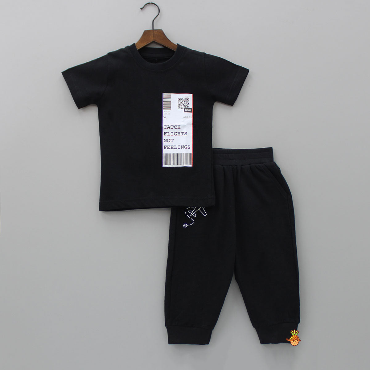 Barcode And Flights Typographic Black Tee With Joggers
