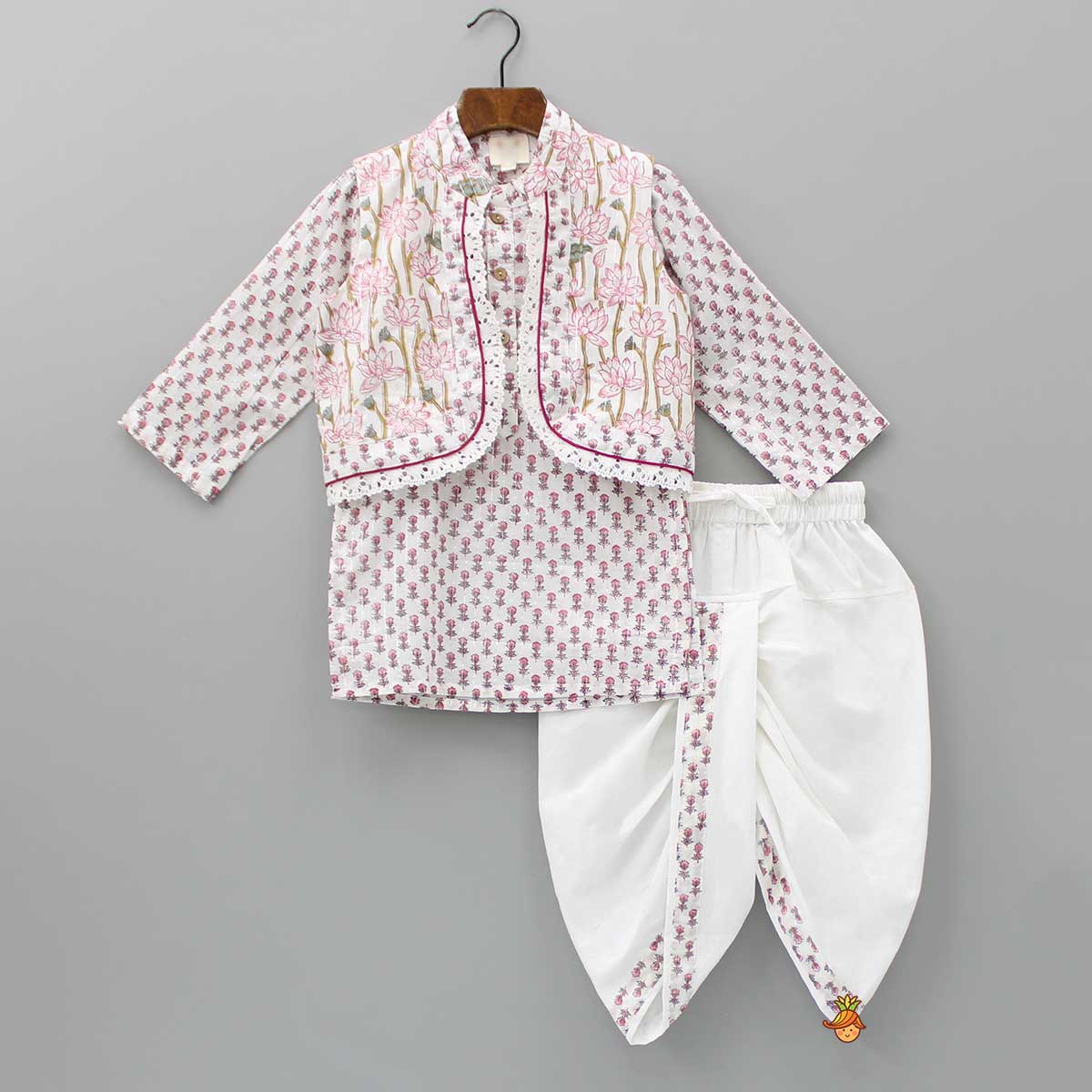 Lurex Striped Hand Block Printed Pink Ethnic Kurta With Open Jacket And Dhoti