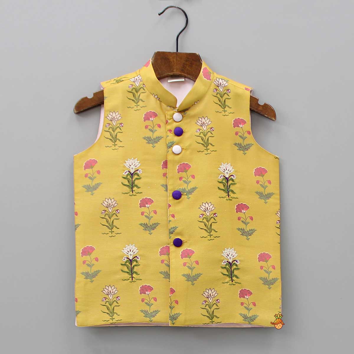 Front Open Floral Printed Mustard Sleeveless Jacket