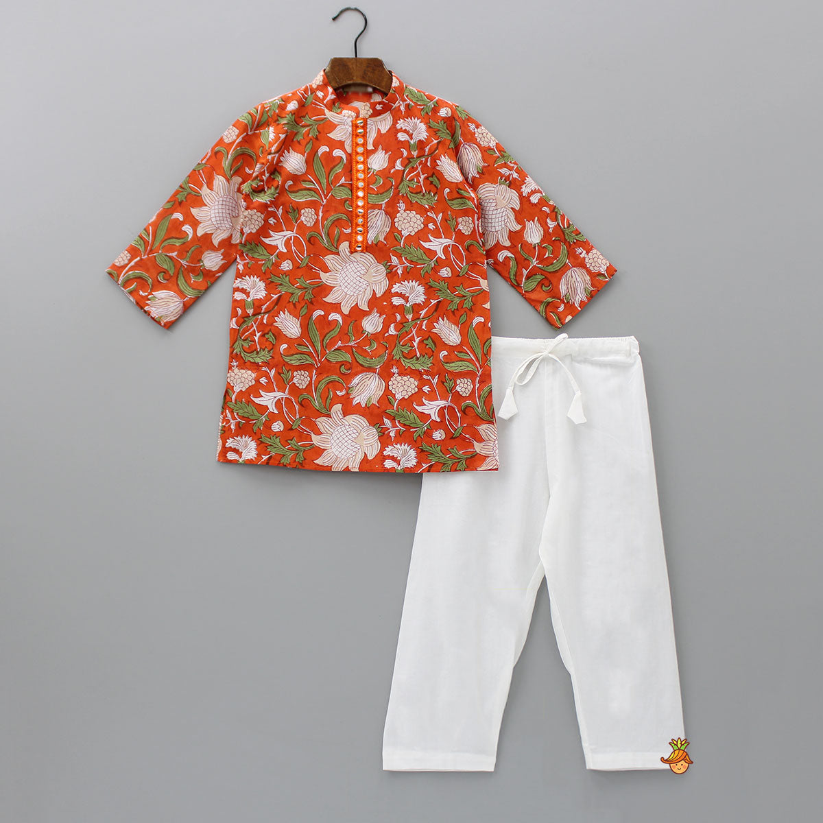 Pure Cotton Orange Printed Kurta And Off White Pyjama