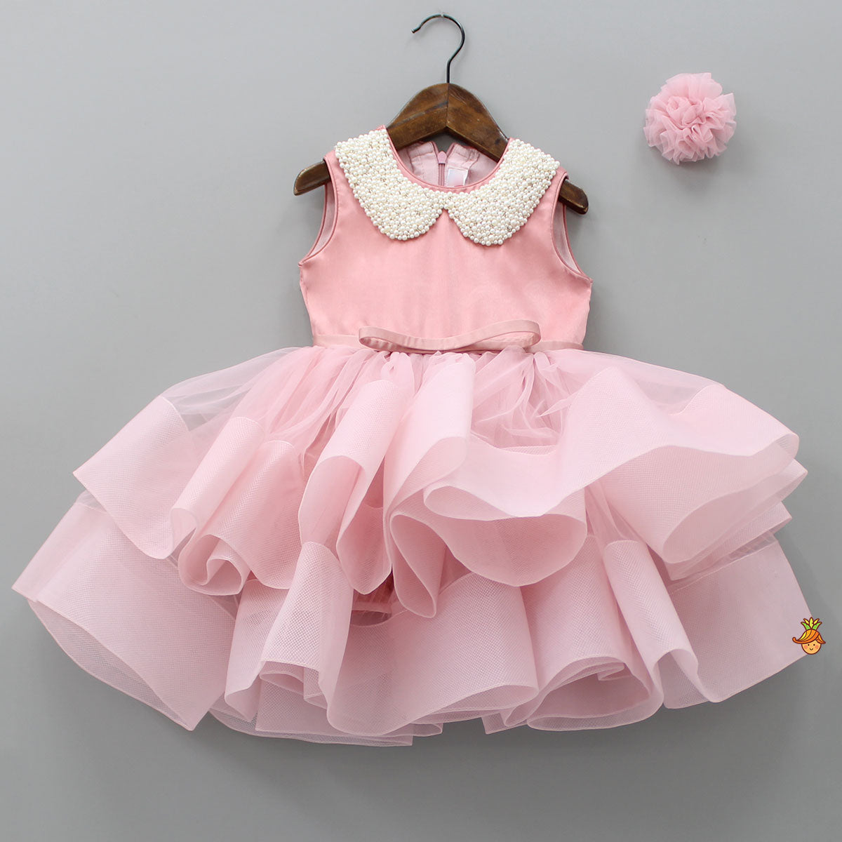 Elegant Pearls Embellished Onion Pink Ruffle Dress With Floral Hair Clip