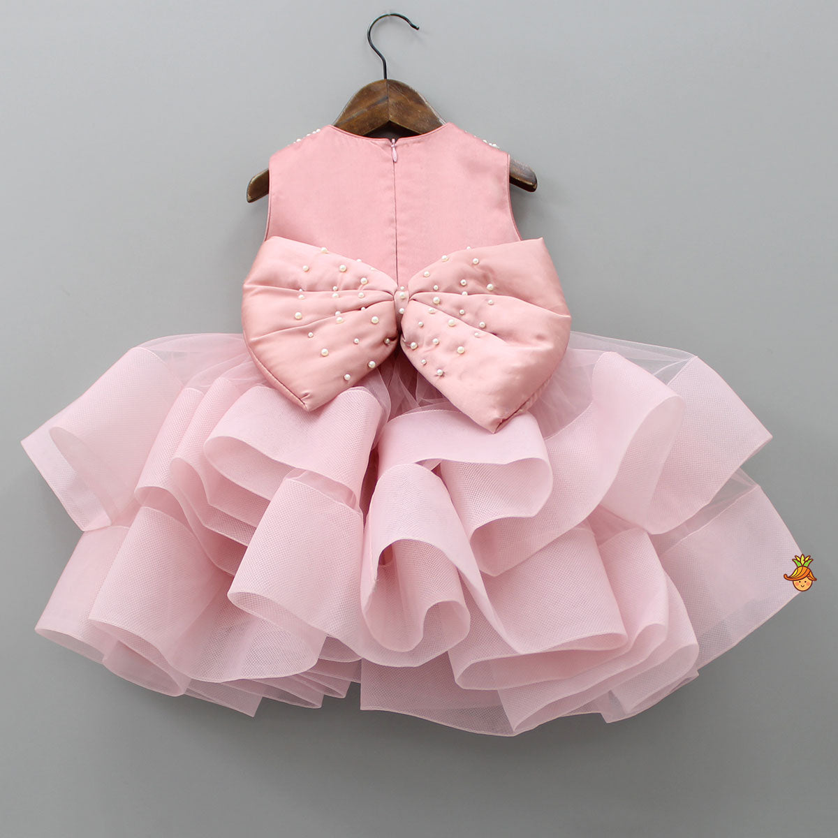 Elegant Pearls Embellished Onion Pink Ruffle Dress With Floral Hair Clip