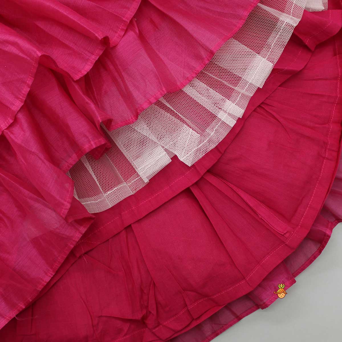 Charming Floral Cut Dana Embroidered Rani Pink Top And Multi Layered Ruffle Lehenga