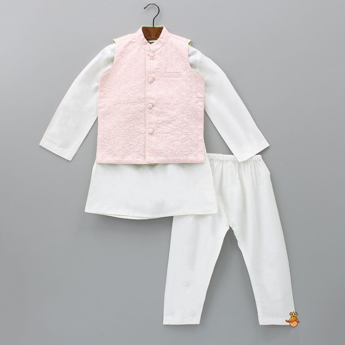 White Ethnic Kurta With Sequins Thread Embroidered Peach Jacket And Pyjama