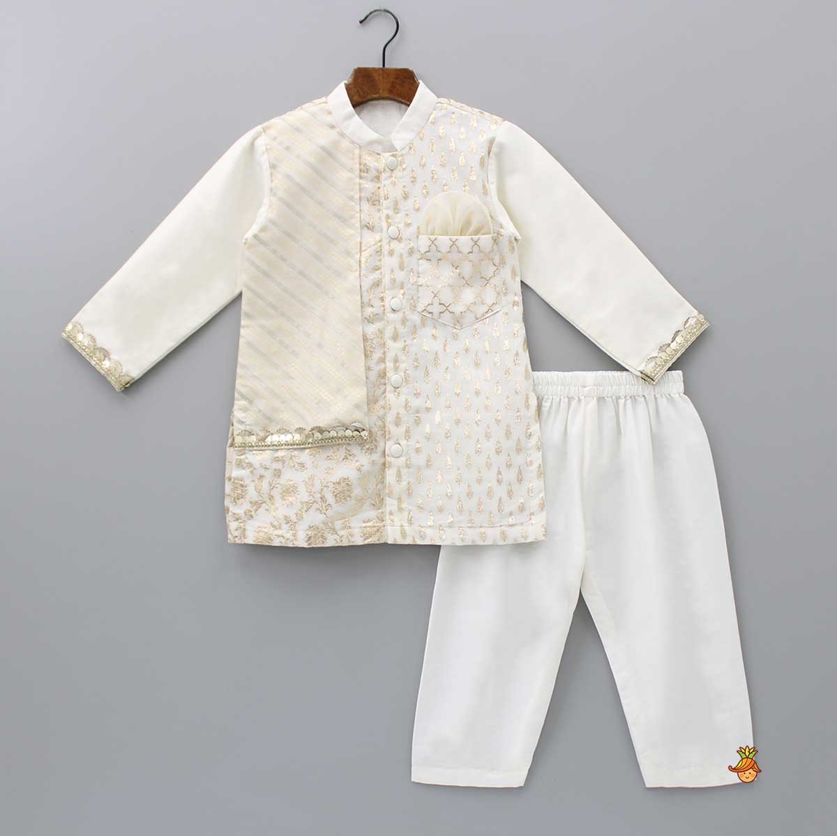 Patch Pocket Detail Chanderi Embroidered Cream Attached Flap Kurta And Pyjama