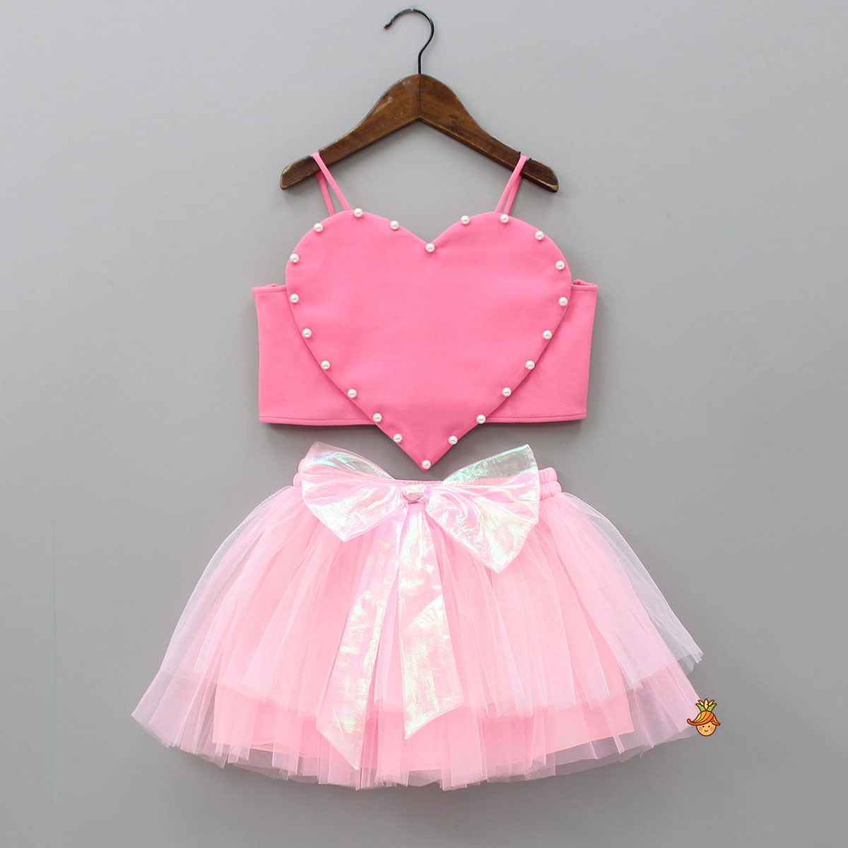 Neoprene Heart Shaped Fancy Flamingo Pink Crop Top And Layered Skirt