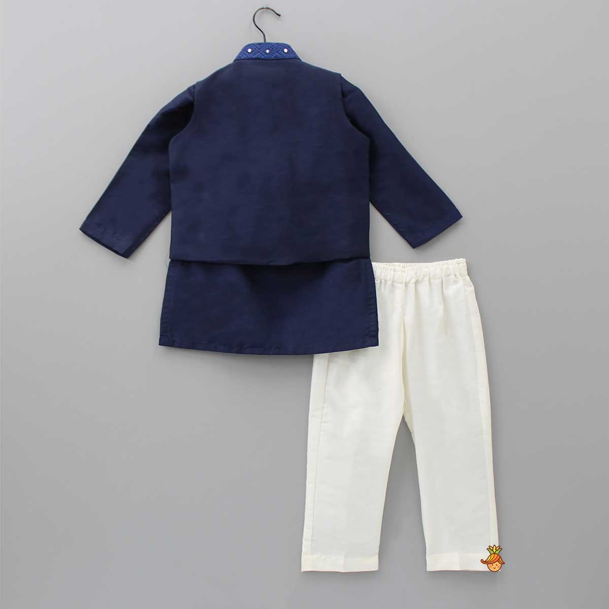 Blue Kurta With Diagonal Button Detail Jacket And Pyjama