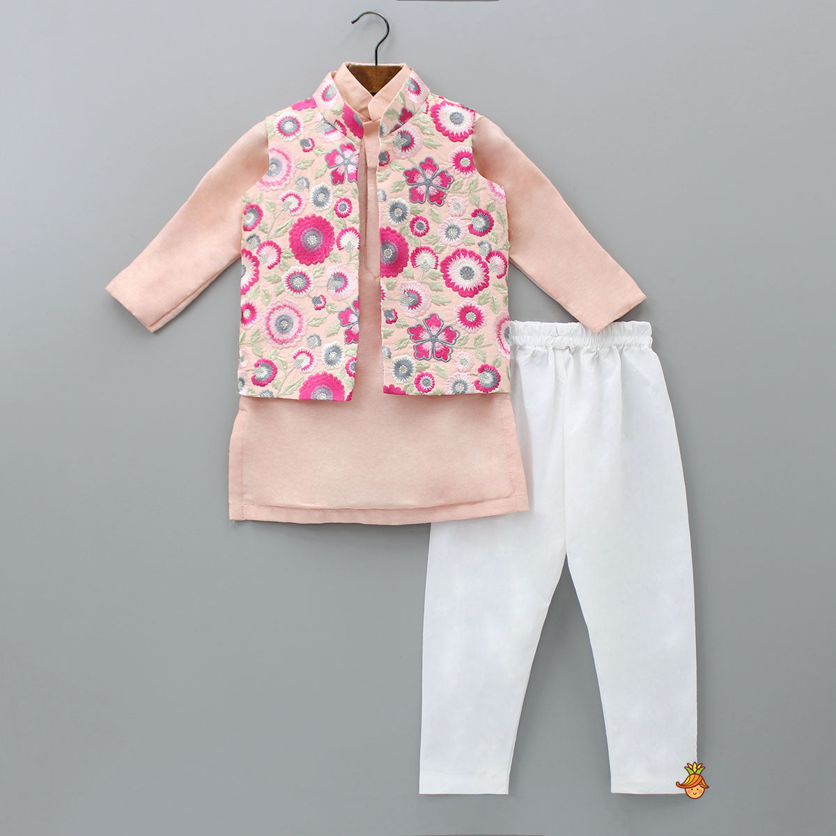 Peach Kurta With Heavy Floral Embroidered Open Jacket And Churidar
