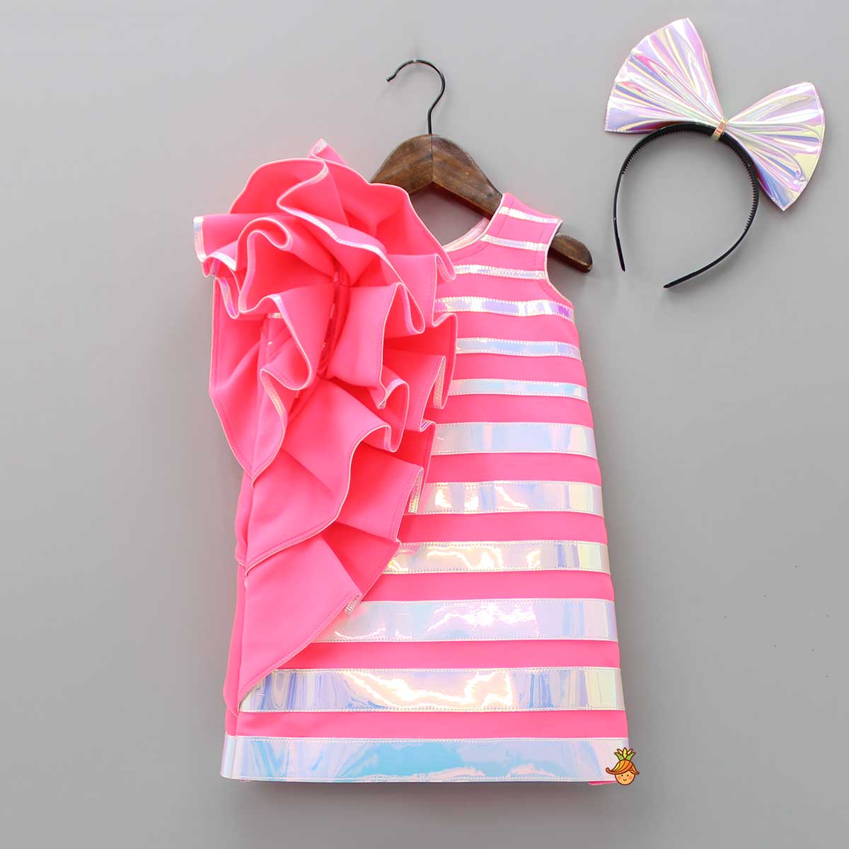 Pink Holographic Ruffle Dress With Bow Hair Band