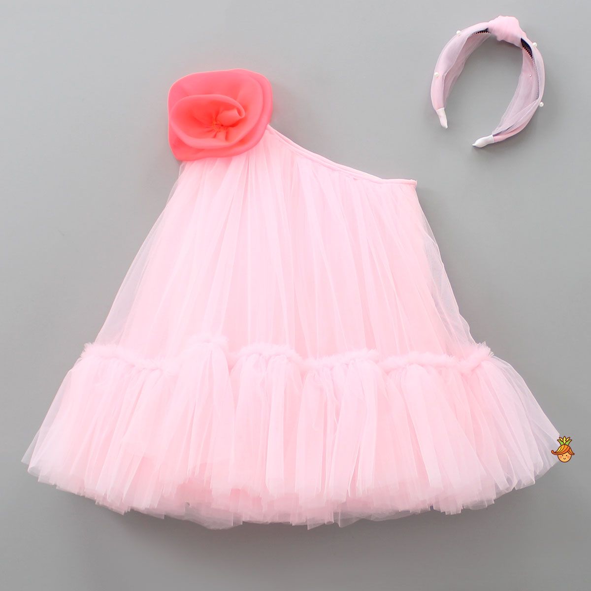 Swirled Flower Enhanced Pink One Shoulder Dress With Hair Band