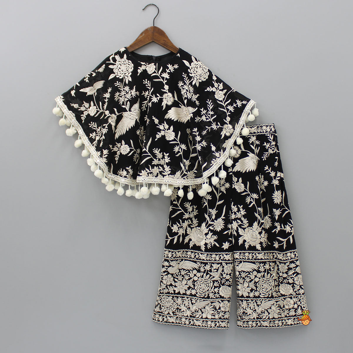 Black Top With Pom Poms Detailed Embroidered Cape And Palazzo