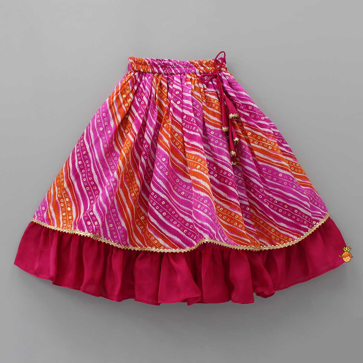 Gota Lace Work Pink Top And Bandhani Printed Jacket With Lehenga