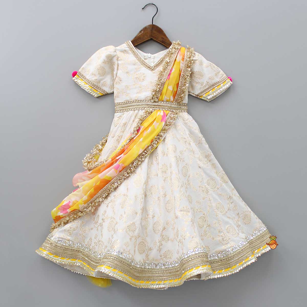 V Neck Chanderi Embroidered Off White Anarkali With Attached Multicolour Printed Dupatta