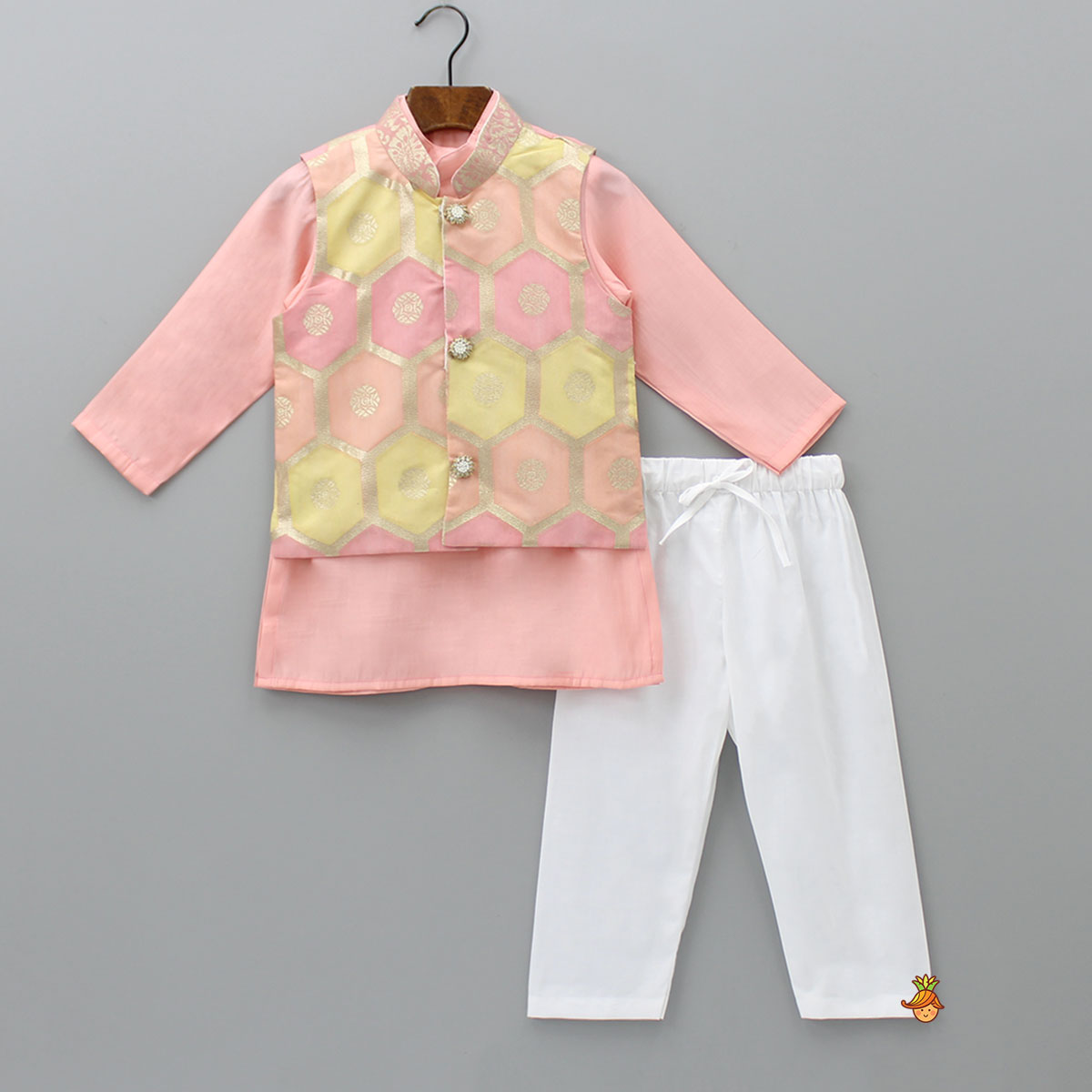 Peach Kurta With Brocade Jacket And Pyjama