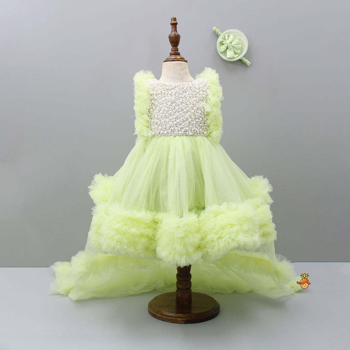 Embroidered Yoke Ruffle Hem Green Dress With Detachable Trail And Matching Head Band
