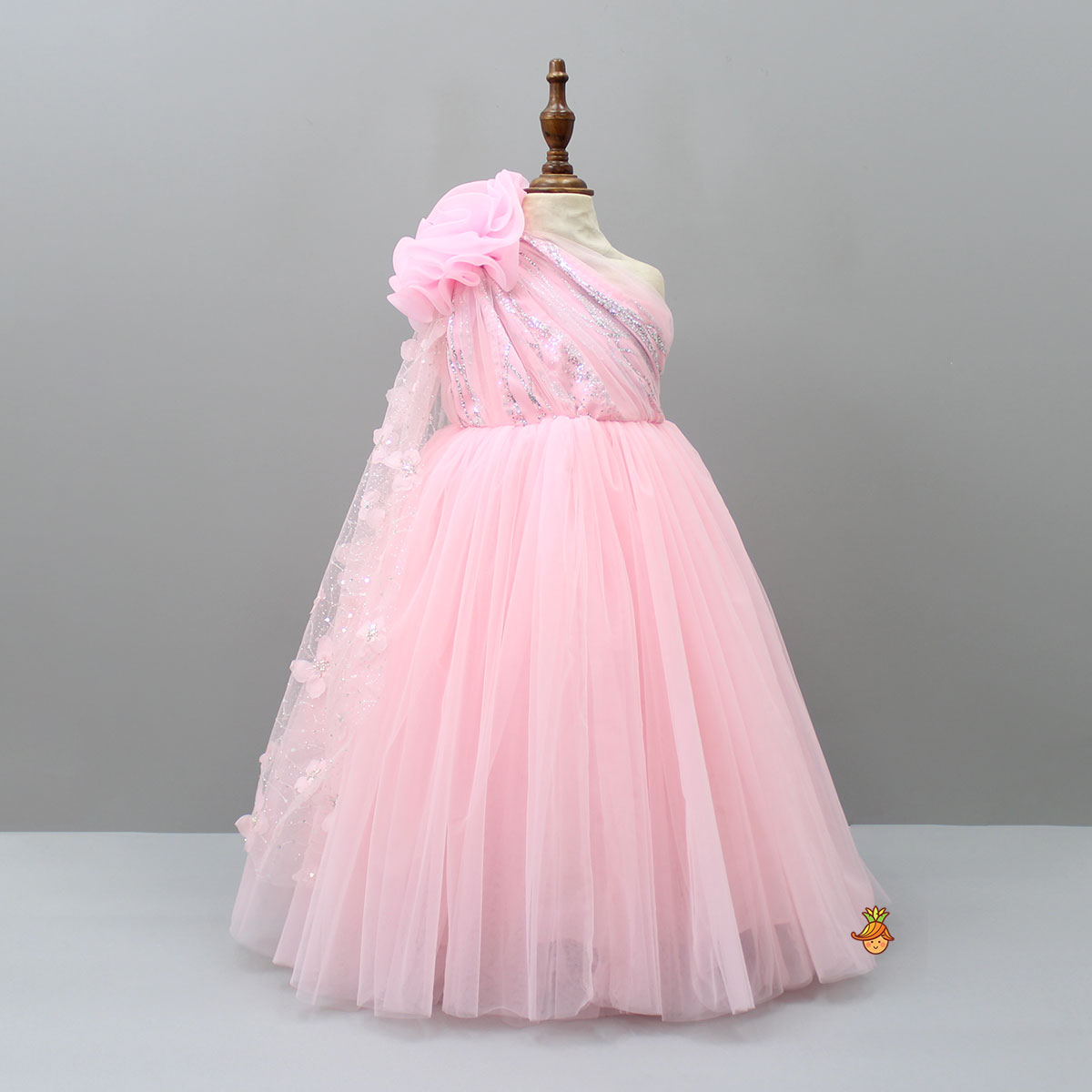 One Shoulder Pink Net Drape Gown