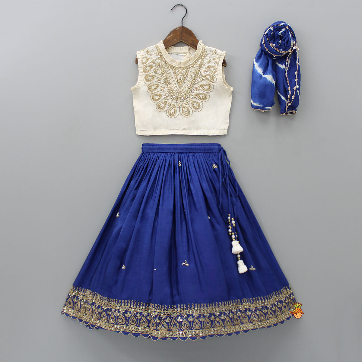 Pleated Neckline Top And Blue Lehenga With Printed Dupatta