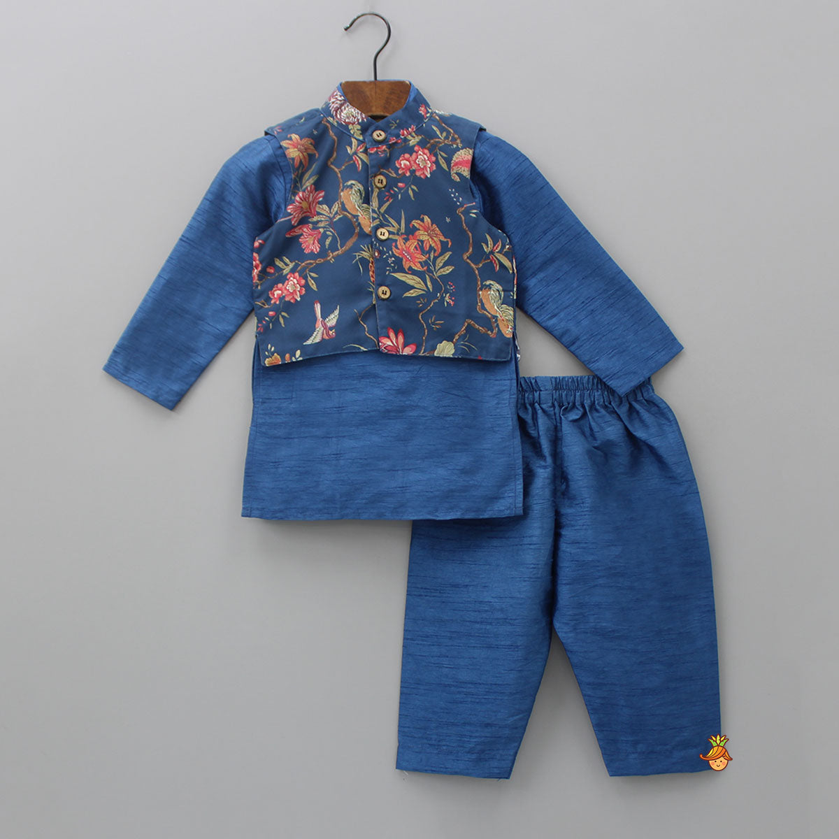 Blue Kurta With Flowers And Bird Printed Front Open Jacket And Pyjama