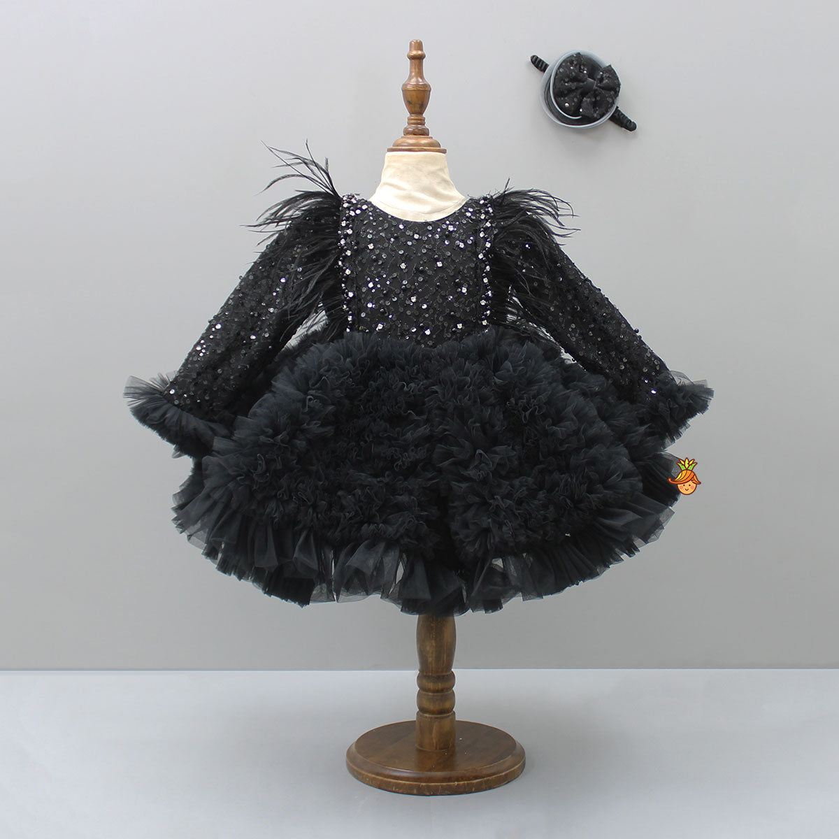 Sequins Embellished Ruffled Black Dress With Matching Swirled Bowie Headband