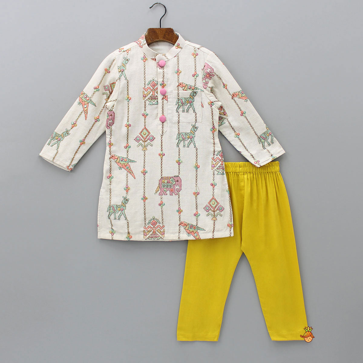 Patch Pocket Detail Embroidered Kurta And Mustard Pyjama