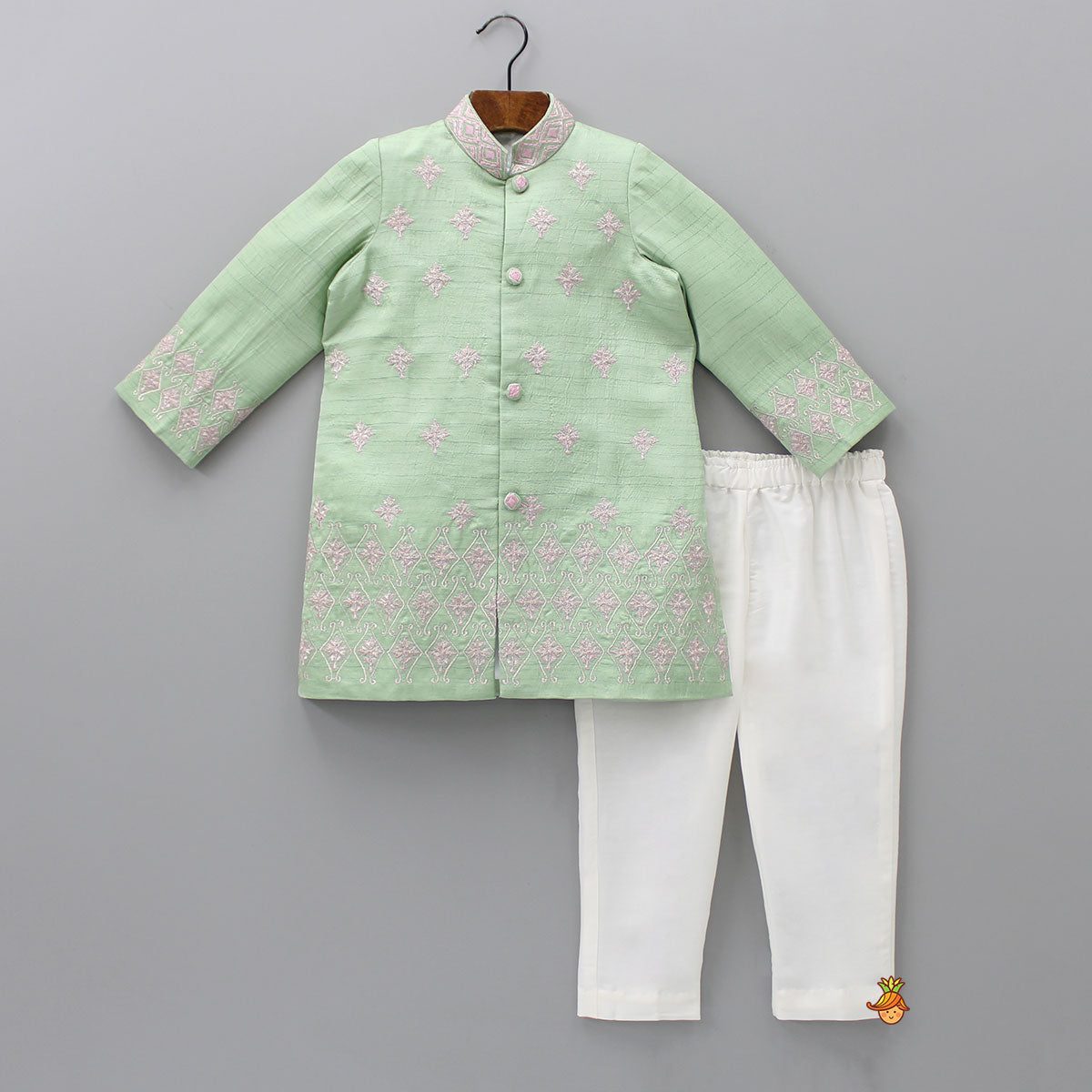 Green Zari And Thread Embroidered Sherwani With Pyjama