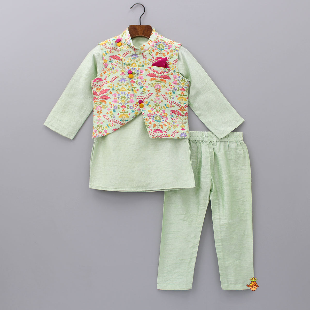 Floral Printed Thread Work Jacket With Green Kurta And Pyjama