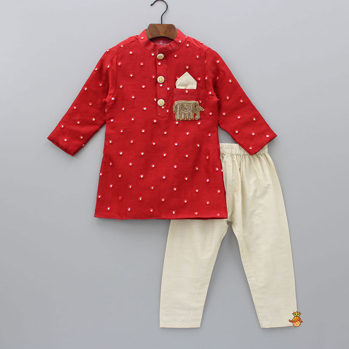 Red Abhla And Thread Work Kurta With Pyjama