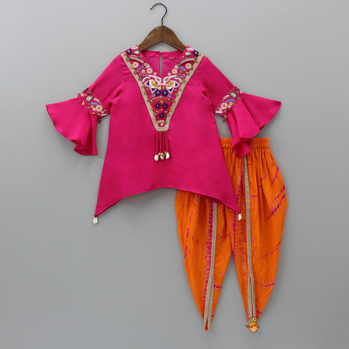 Hanging Tassels Enhanced Pink Top And Shibori Printed Dhoti