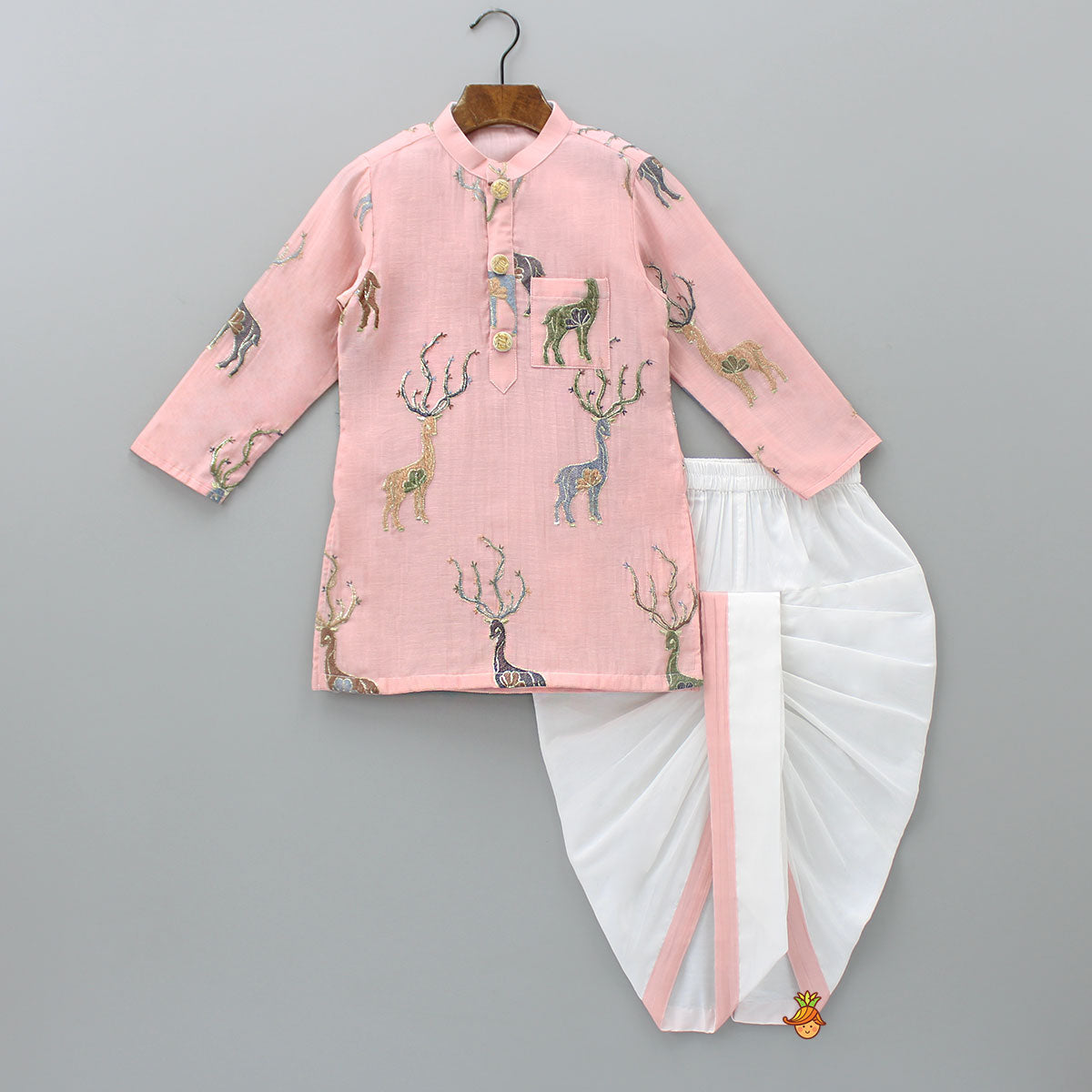 Patch Pocket Detail Embroidered Kurta And Off White Dhoti