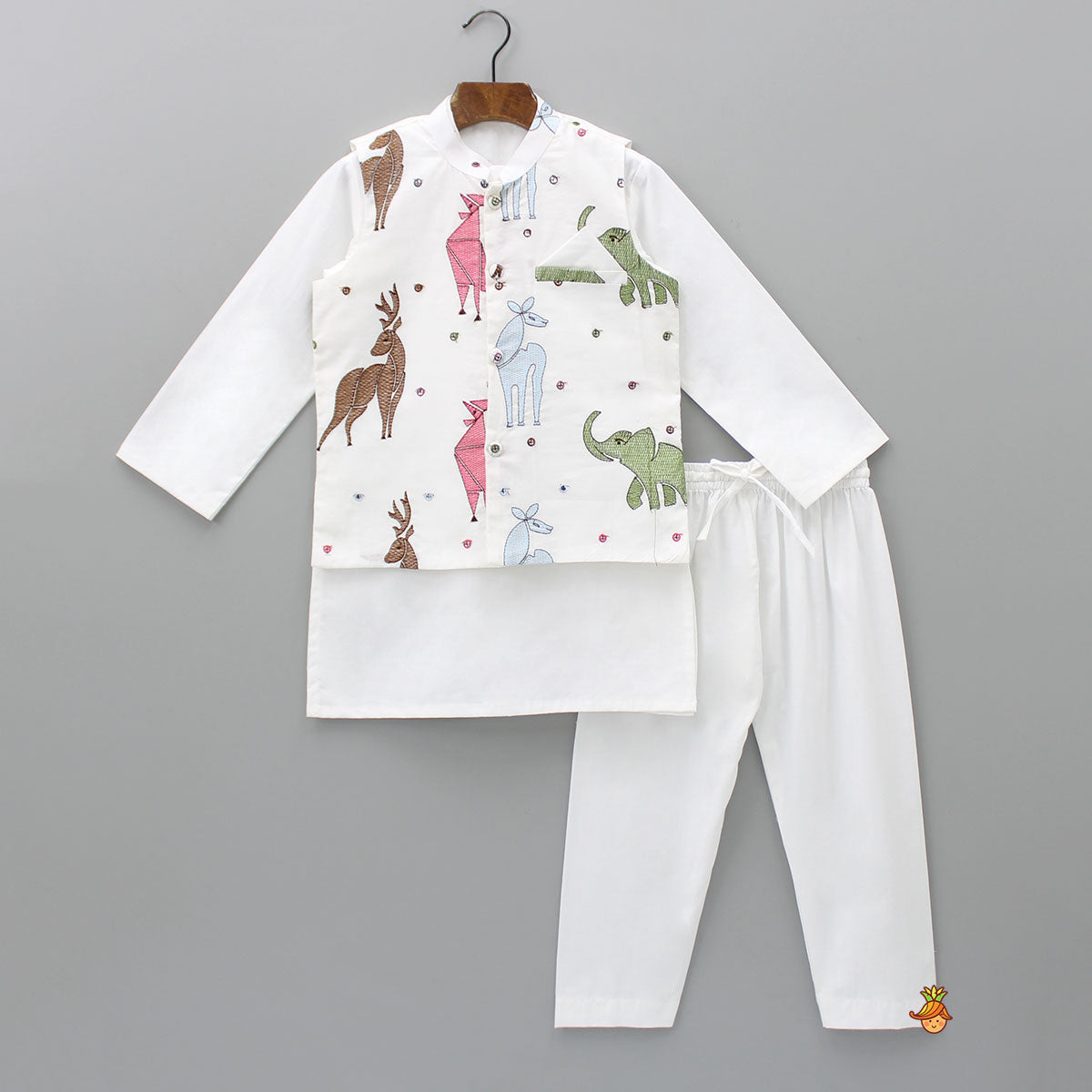 Mandarin Collar White Cotton Kurta With Thread Embroidered Jacket And Pyjama