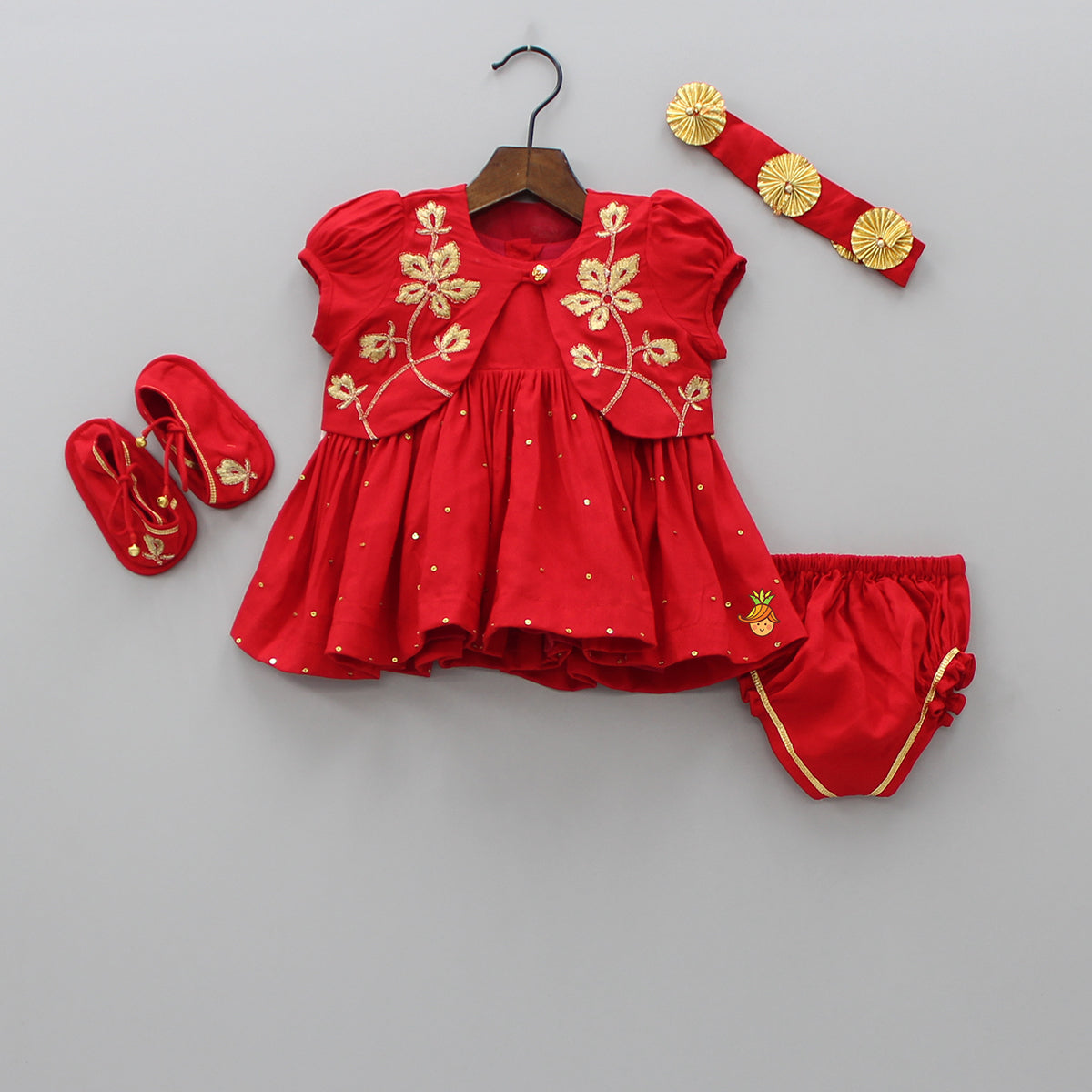 Red Jamna With Embroidered Jacket Set