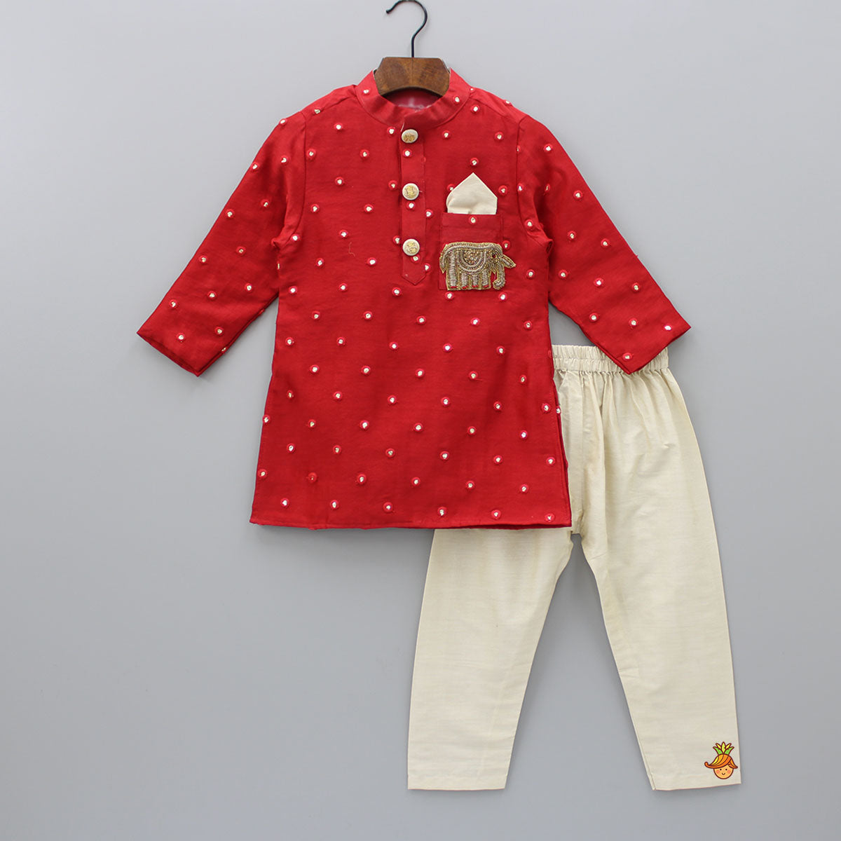 Red Aabhla And Thread Work Kurta With Pyjama
