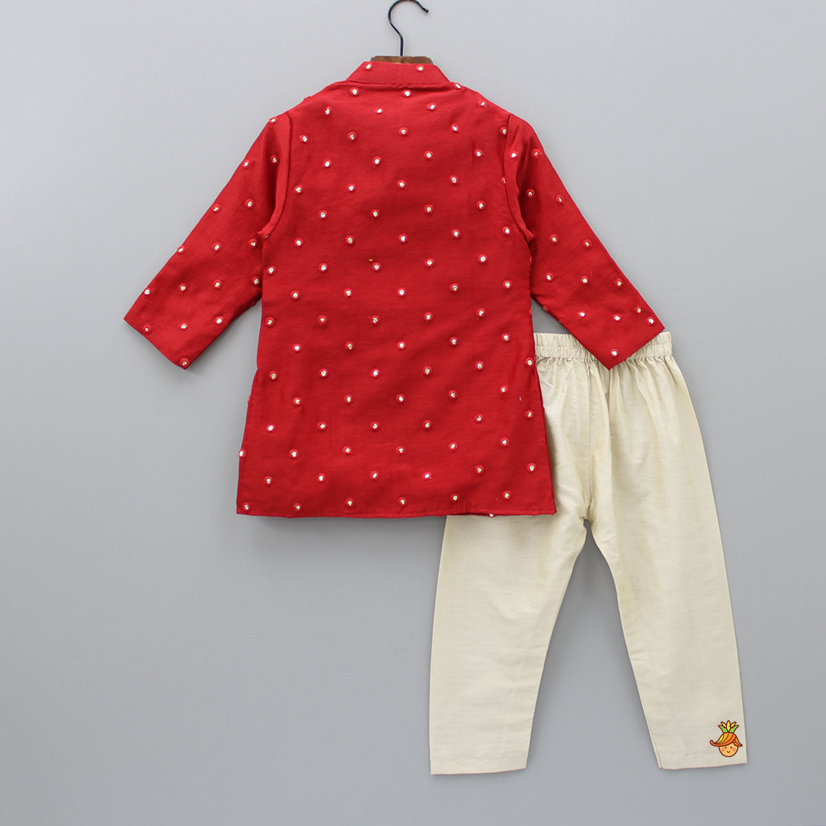Red Aabhla And Thread Work Kurta With Pyjama