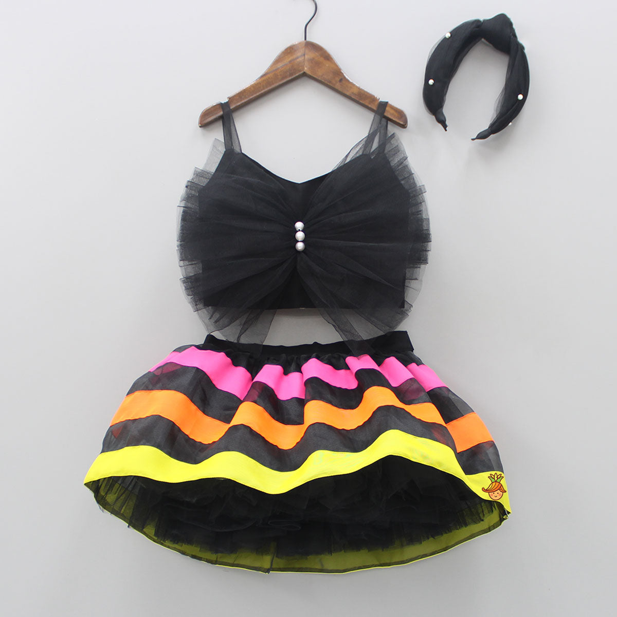 Black Frilly Bow Top And Multi Colour Lace Applique Skirt With Matching Pearl Work Hair Band