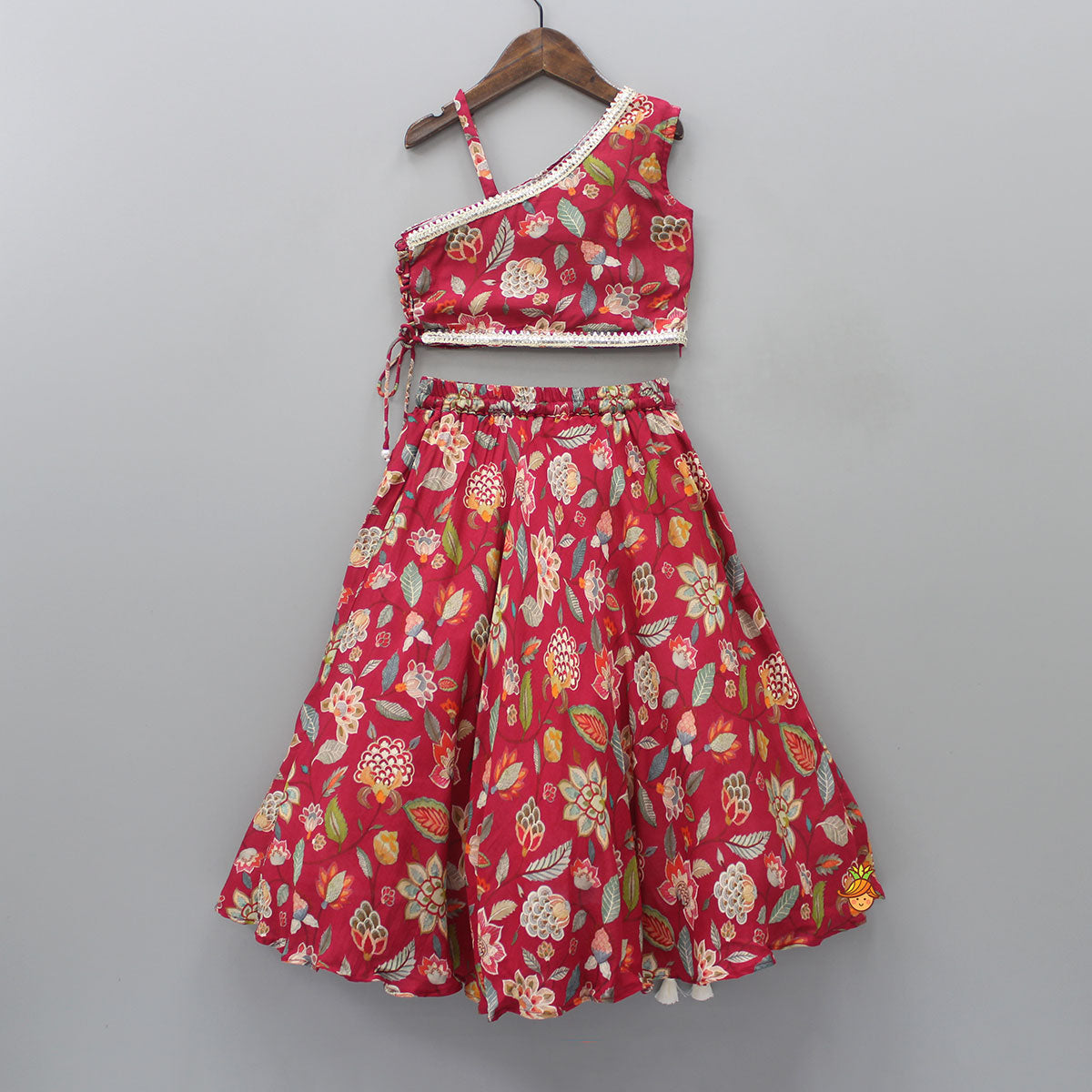 Floral Printed One Shoulder Top With Red Lehenga