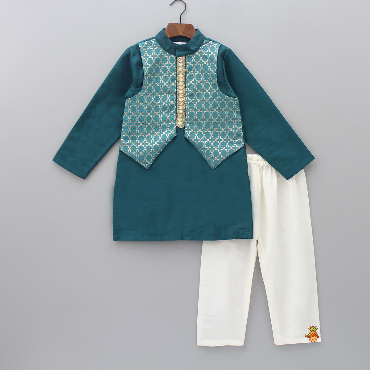 Bottle Green Kurta With Attached Jacket And Pyjama