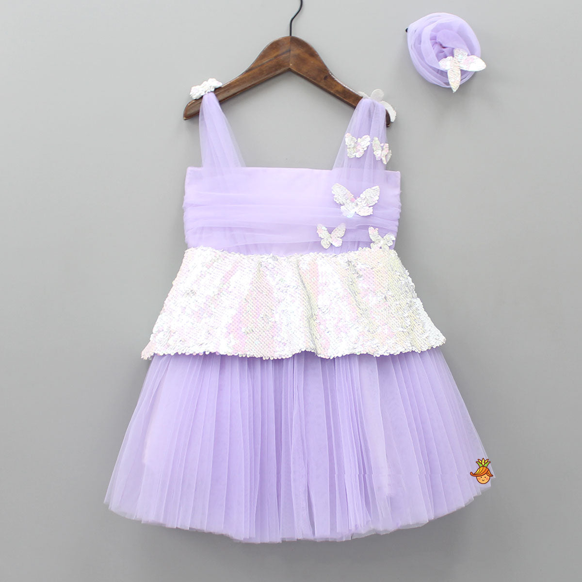 Lilac Sequin Butterfly Embellished Dress With Hairclip