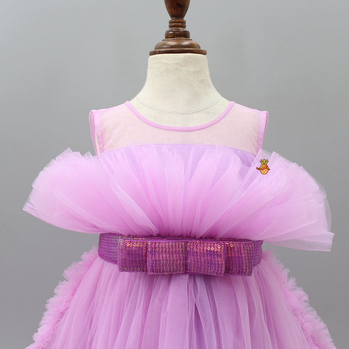Net Ruffles Pleated Frilly Dress With Detachable Bow Belt And Trail