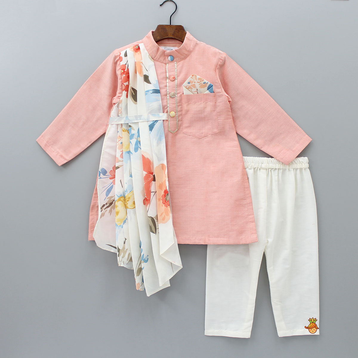 Peach Kurta With Attached Floral Printed Asymmetric Flap And Pyjama