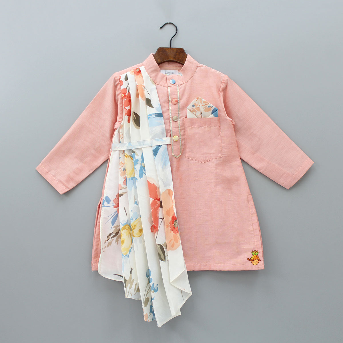Peach Kurta With Attached Floral Printed Asymmetric Flap And Pyjama
