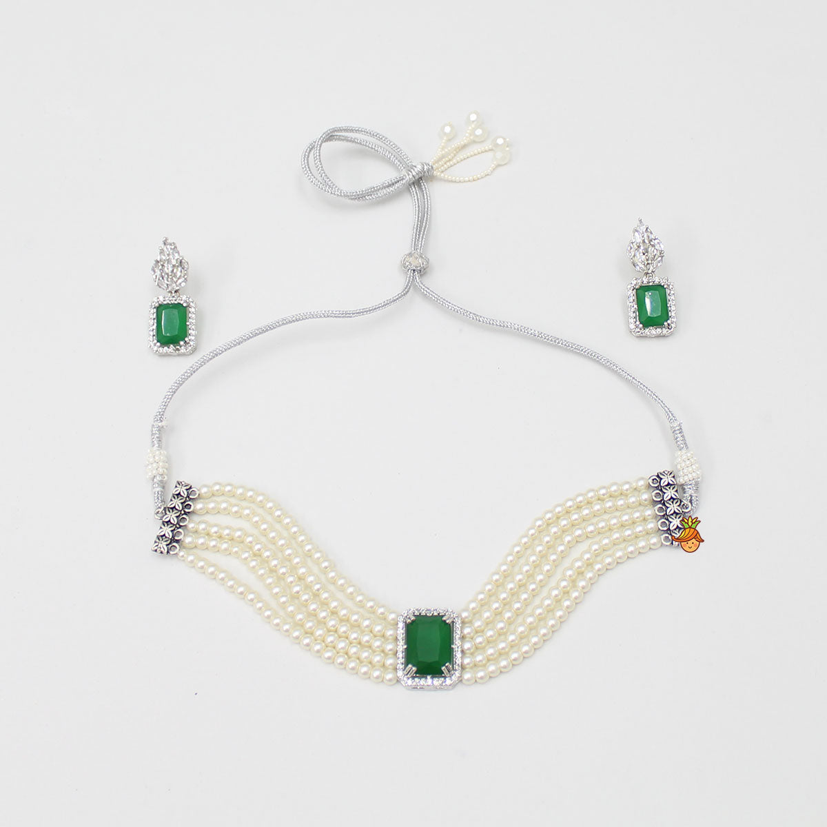 Pearls And Green Stone Studded Choker Necklace And Earrings