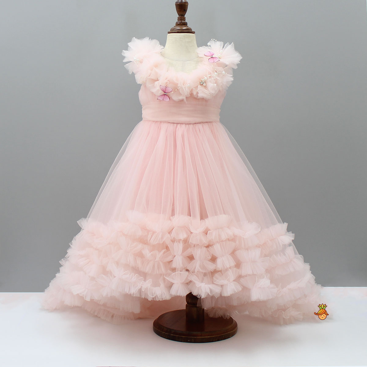 Pearls And Butterfly Embellished Ruffled Frilly High Low Dress
