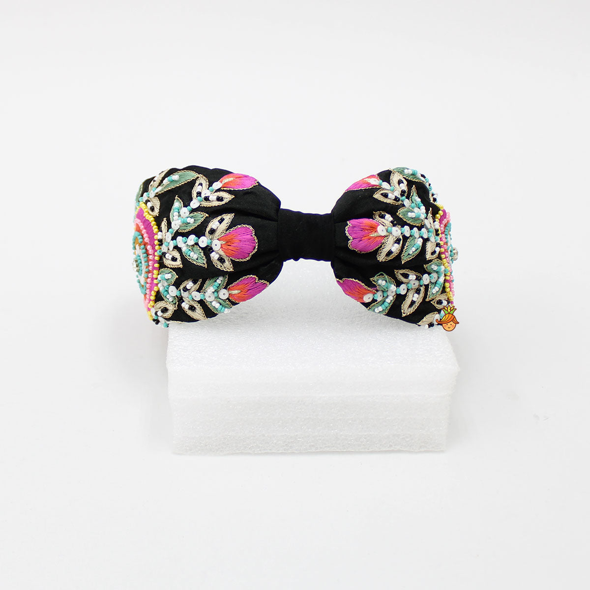 Intricate Multicolour Thread And Beads Embroidered Black Fancy Hair Band