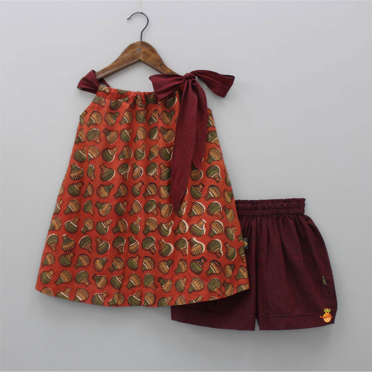 Hand Block Printed Tie Up Top And Burgundy Shorts