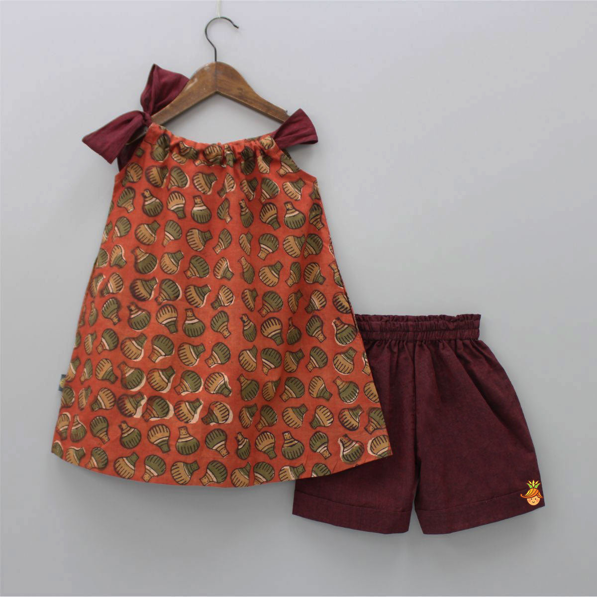 Hand Block Printed Tie Up Top And Burgundy Shorts